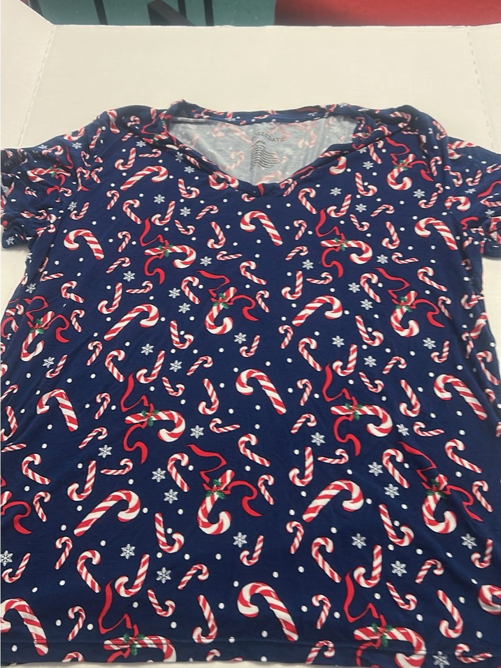 Women's Navy Candy Cane Print V-Neck Top